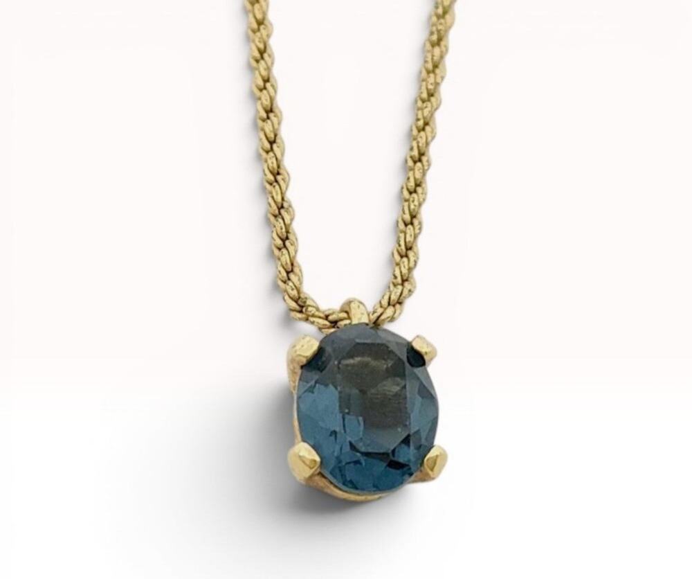 Vintage Christian Dior Germany Blue Crystal Solitaire Pendant Necklace Gold Tone
